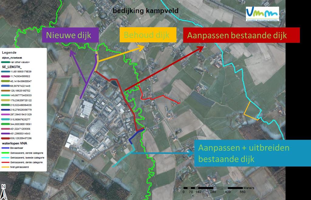 Figuur 14: situering van de geplande beschermingsmaatregelen ter hoogte van het industrieterrein Kampveld te Oostkamp ( VMM-AOW) Meer stroomopwaarts op het traject 2de categorie, de Velddambeek, ter