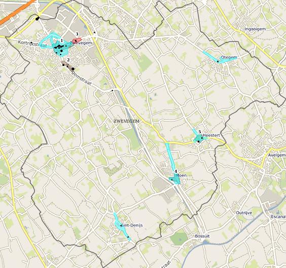 Winkelaanbod op kaart voor periodieke goederen voor ZWEVEGEM, 2017 1) Centrum Zwevegem (Kernverzorgend centrum groot) 2) Baanconcentratie Zwevegem (Baanconcentratie) 3) Otegemstraat