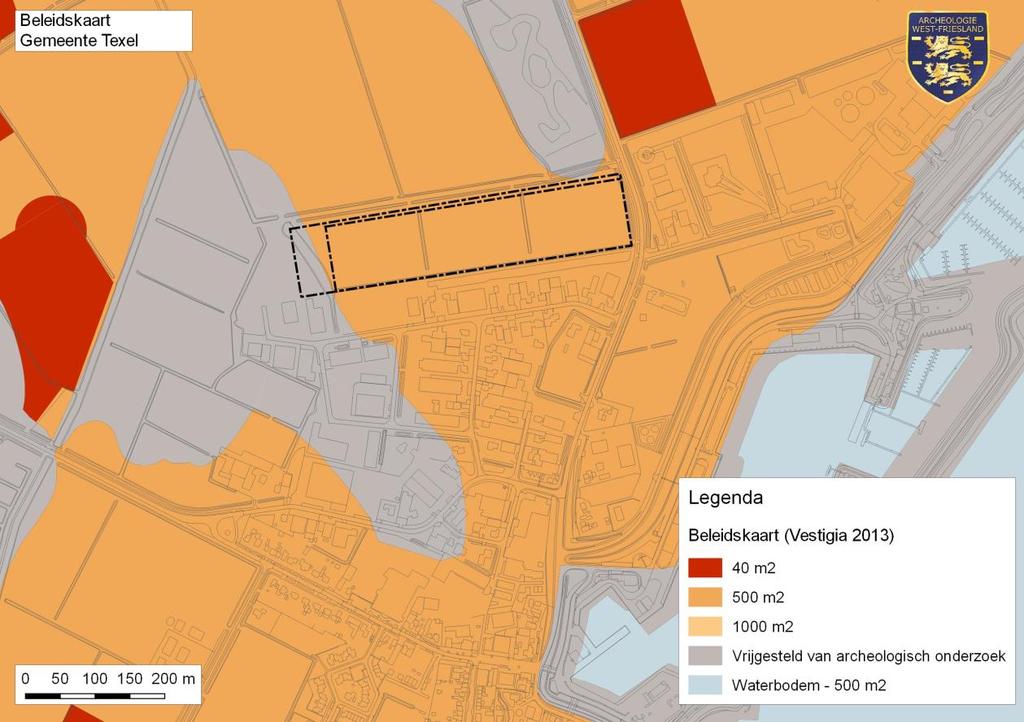 Afbeelding 2. Het plangebied op de gemeentelijke beleidskaart (Vestigia 2007 / 2013). Het plangebied aangegeven in het zwarte kader valt binnen het gebied met 500 m2 als vrijstellingsgrens. 3.