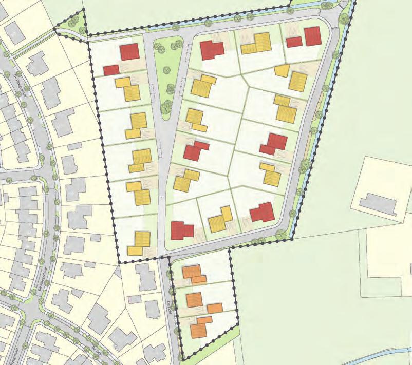 Aan de westkant worden er door een teruggeknikte voorgevelrooilijn zichtlijnen gecreëerd op de twee hoekwoningen.