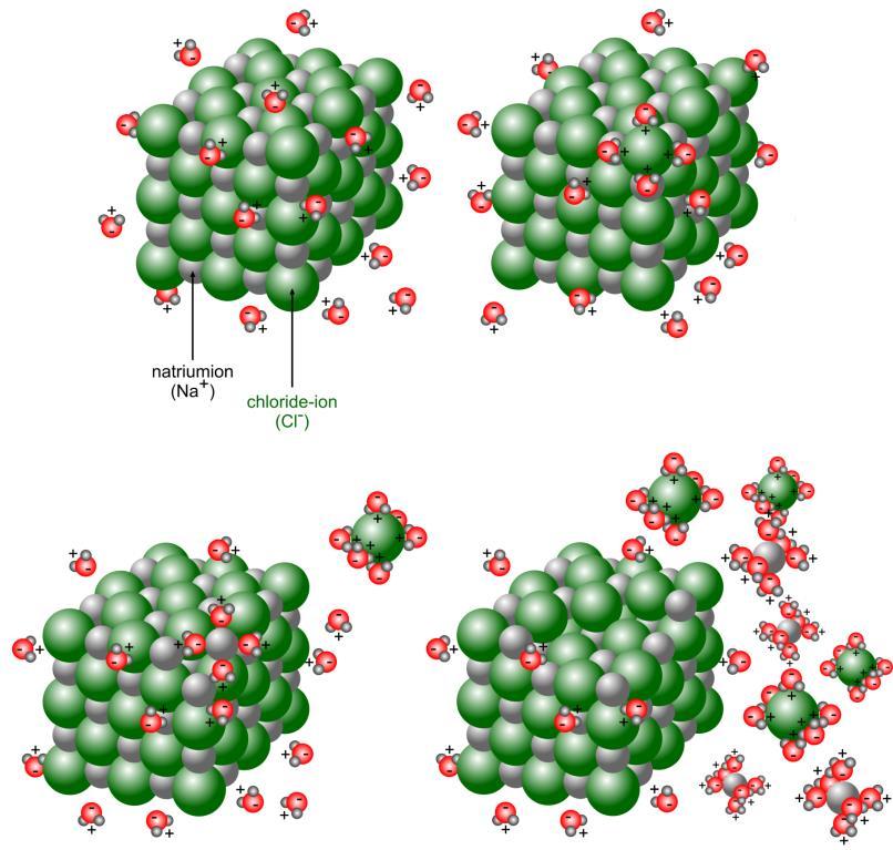 De watermolecule is een dipoolmolecule: de zwaartepunten van positieve en negatieve ladingen vallen niet samen. 3. Dissociatie van ionverbindingen eel ionverbindingen zijn goed oplosbaar in water.