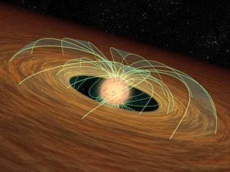 Section 3. De studie naar proto-planetaire schijven 165 Figuur 9 Links: kunstenaarsimpressie van stellaire magnetische veldlijnen in interactie met de circumstellaire schijf.