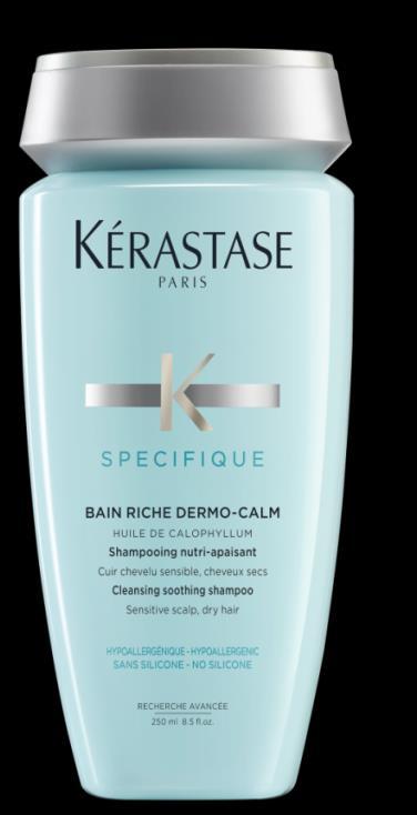 REINIG SPECIFIQUE DERMO-CALM BAIN RICHE DERMO-CALM Bad voor de gevoelige hoofdhuid en droog haar Zij die last hebben van een gevoelige hoofdhuid. De hoofdhuid is gereinigd en gekalmeerd.