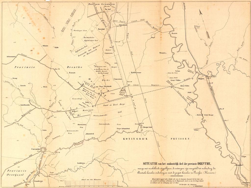 Kaart opgemaakt in 1871 met daarop enkele voorstellen tot doortrekken van de Verlengde Hoogeveensche Vaart naar de Ems bij Meppen en de