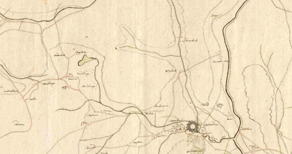 Een detail van een militaire wegenkaart van omstreeks 1800, met het gebied ten oosten van Coevorden.