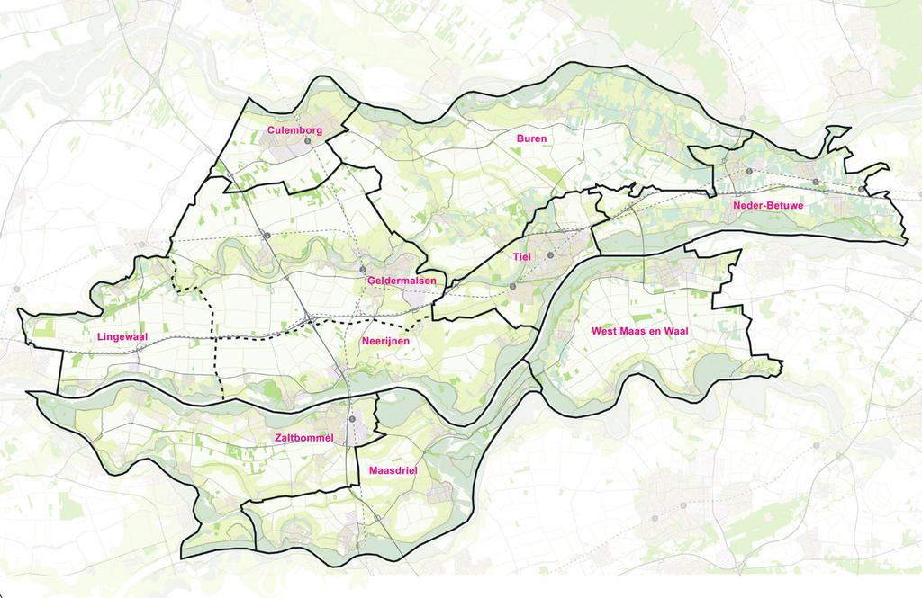 komgebieden (wit) en de ligging van de 10 gemeenten.
