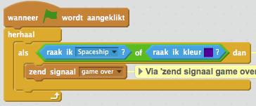 3.3 Als de schijf het ruimtetuig of de bodem raakt, dan verzenden we het signaal GAME OVER naar het