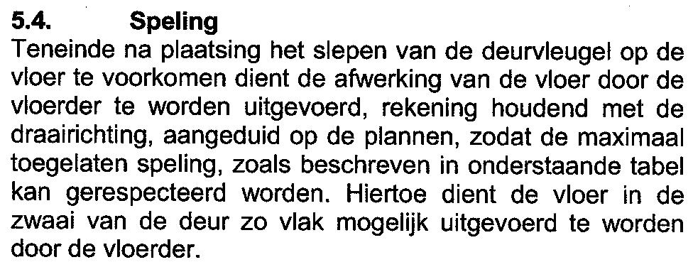 5.4. Speling Teneinde na plaatsing het slepen van de deurvleugel op de vloer te voorkomen dient de afwerking van de vloer door de vloerder te worden uitgevoerd, rekening houdend met de draairichting,