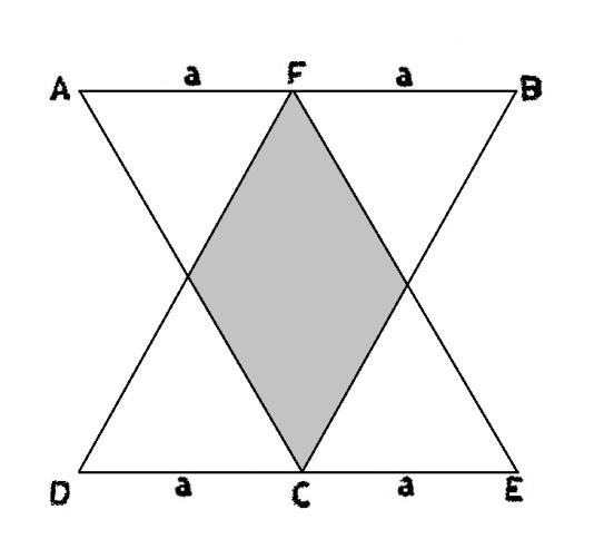 VL. M. opgaven 12 Nadruk verboden. 176. De beide gelijkzijdige driehoeken en zijn op de aangegeven wijze ineen geschoven. Gevraagd: het oppervlak van het ingekleurde deel. (Examen Radiotechnicus N.R.G. najaar 1954) 177.