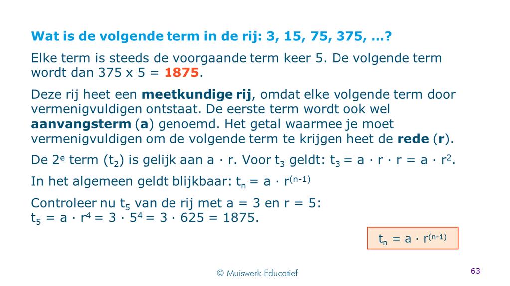 Uitleg over de termen van een meetkundige rij. Van de meetkundige rij worden alleen de termen gevraagd en de herkenning van de formule van rijen waarbij de absolute waarde van de rede groter is dan 1.