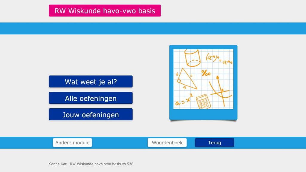 Het hoofdscherm van Wiskunde havo-vwo. Pas na het maken van een diagnostische toets (Wat weet je al?