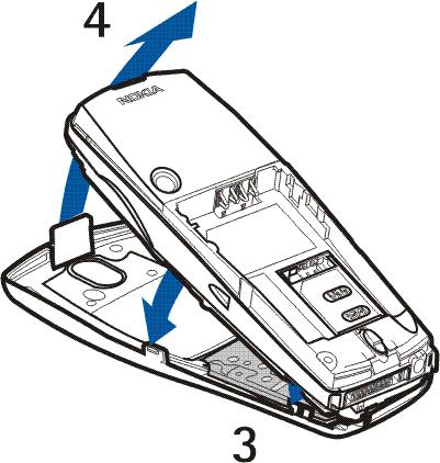 de telefoon te plaatsen (3) en het palletje boven aan de cover voorzichtig door de uitsparing bovenop de