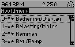 1 Programmeren 1.1.9 Modus Hoofdmenu Zowel het GLCP als het NLCP bieden toegang tot de modus Hoofdmenu. Selecteer de modus Hoofdmenu door op de toets [Main Menu] te drukken. Afbeelding 6.