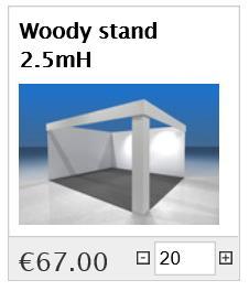 Bijvoorbeeld: uw standgrootte bedraagt 20m² en u wenst een Woody Max 3mH te bestellen via de webshop. U klikt op het winkelkarretje bij de Woody Max 3mH en daarna past u het aantal aan naar 20.