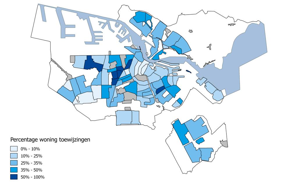 Toewijzingen per wijk Figuur 1.3 geeft de spreiding weer van de toewijzing van kwetsbare groepen op wijkniveau.