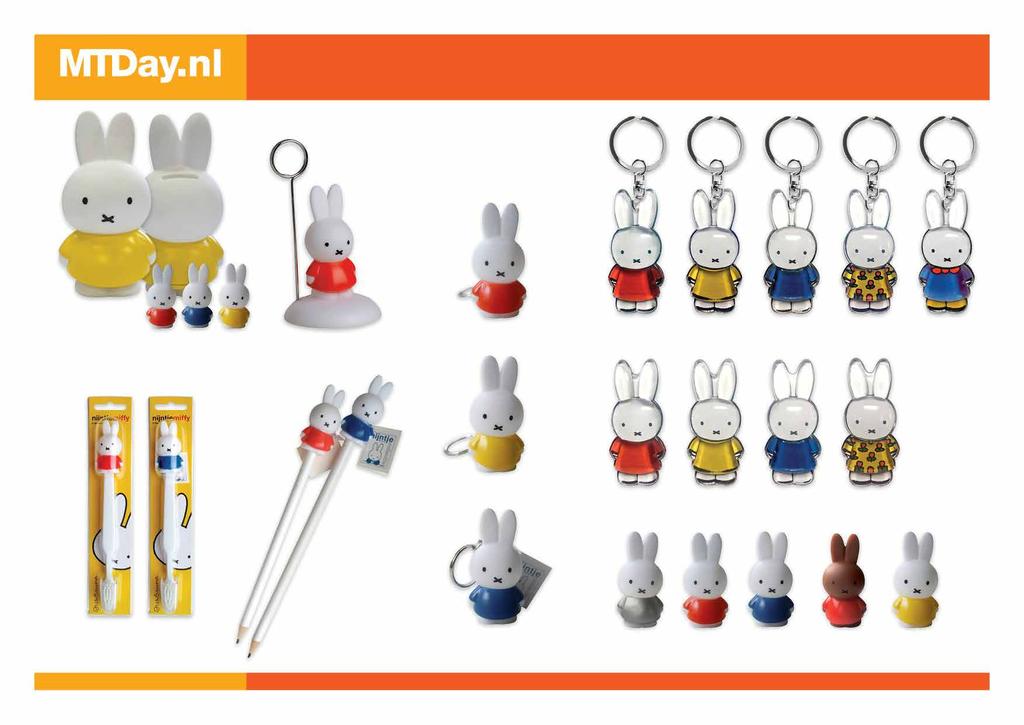 3D 3D miffy 501070 t/m 501072 spaarpot 12 cm. beschikbaar in de afgebeelde kleuren 501045 3D fotoclip 501033 503034 503035 503036 503037 503038 acryl sleutelhangers H: 6,2 cm.