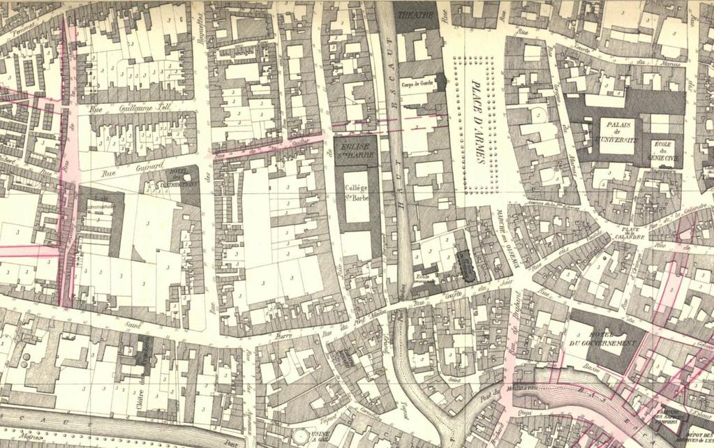 Plan 1878. Er was een plan om een weg te leggen langs de St Barbarakerk naar de Kouter. Spijtig is dit niet uitgevoerd geweest.