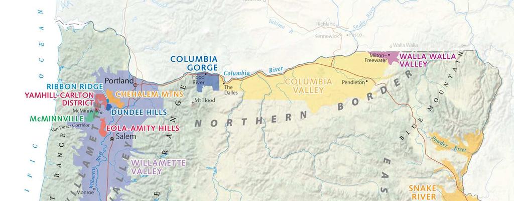 Washington State 20.200 ha, volume groter dan New York State Invloed Cascade Range 14 AVAs, o.a. Columbia, Walla Walla, Yakima.