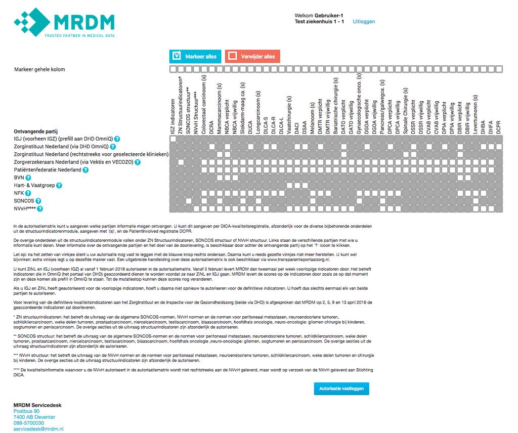 Accorderen Pas als u de autorisatiematrix accordeert is de autorisatiematrix definitief. Dit doet u door op de blauwe autorisatie vastleggen -knop te klikken.