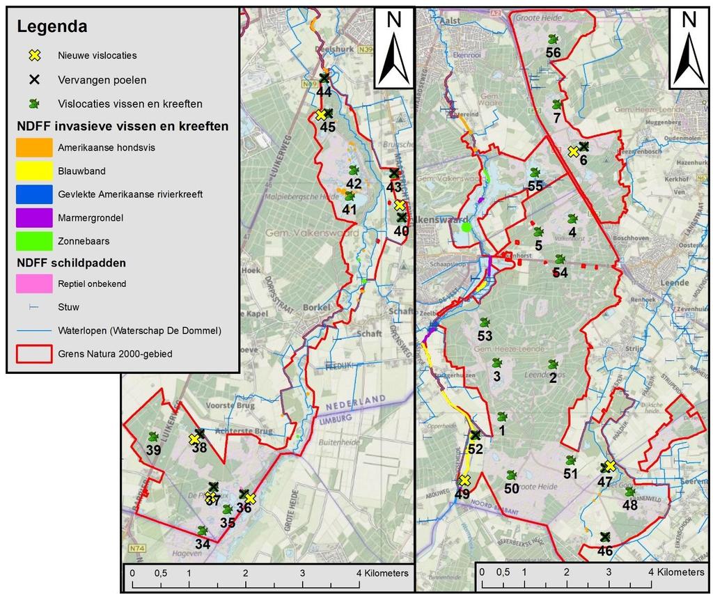 Figuur 3.5: Overzicht van alle vislocaties. De vislocaties met zwart kruis zijn de vislocaties die zijn afgevallen en de gele kruizen zijn de vervangende vislocaties. 3.2.