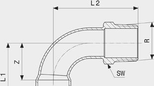 Prestabo- Overgangsbocht 90 model 1114 artikel d R Z L1 L2 SW Z* L1* L2* SW*