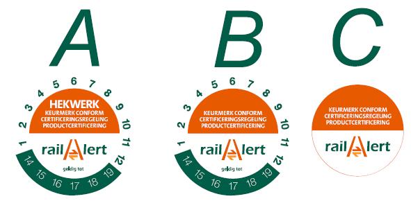 2. Voorwaarden stickers De gecertificeerde werkplekbeveiligingmiddelen zijn herkenbaar aan de railalert-stickers op de middelen, uitgezonderd het houten hekwerk recept railalert.