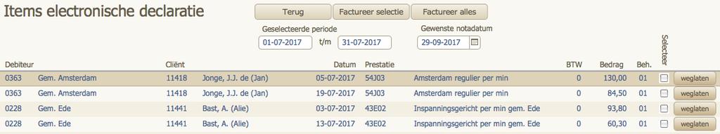 Klik daarna op VERZAMEL ITEMS om het programma te laten zoeken naar jeugdzorg actviteiten in de opgegeven periode die gedeclareerd kunnen worden. Deze worden getoond in een lijst. N.B.