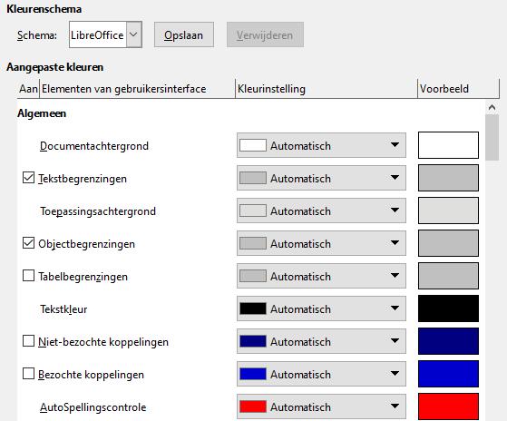 Op het tabblad Toepassingskleuren (Afbeelding 2) kunt u opgeven welke elementen van de gebruikersinterface zichtbaar zijn en welke kleuren zichtbaar moeten zijn bij de weergave.