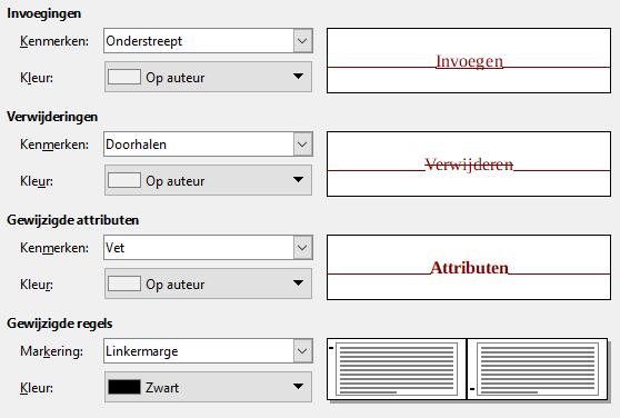 Afbeelding 9: Opties voor het bijhouden van wijzigingen kiezen Opties Vergelijken Het tabblad LibreOffice Writer - Vergelijken bepaalt het detailniveau dat wordt gebruikt door de functie