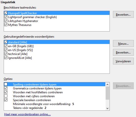 Afbeelding 16: Talen, woordenboeken en opties kiezen om de spelling te controleren Nakijken van Engelse zin Op het tabblad Taalinstellingen > Nakijken van Engelse zin kunt u kiezen welke items