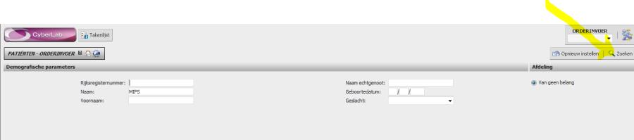 Een Laboratoriumaanvraag maken Indien u werkt met Cyberlab via een Medisch pakket (Cliniconnect, HealthOne, Careconnect ) dan moet je de patiënt niet zoeken en selecteren.