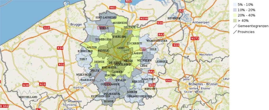 Verzorgingsgebied periodieke goederen 2016 Gent (in % van het aantal inwoners dat de producten aankoopt) Verzorgingsgebied uitzonderlijke goederen 2016 Gent (in % van het aantal inwoners dat de