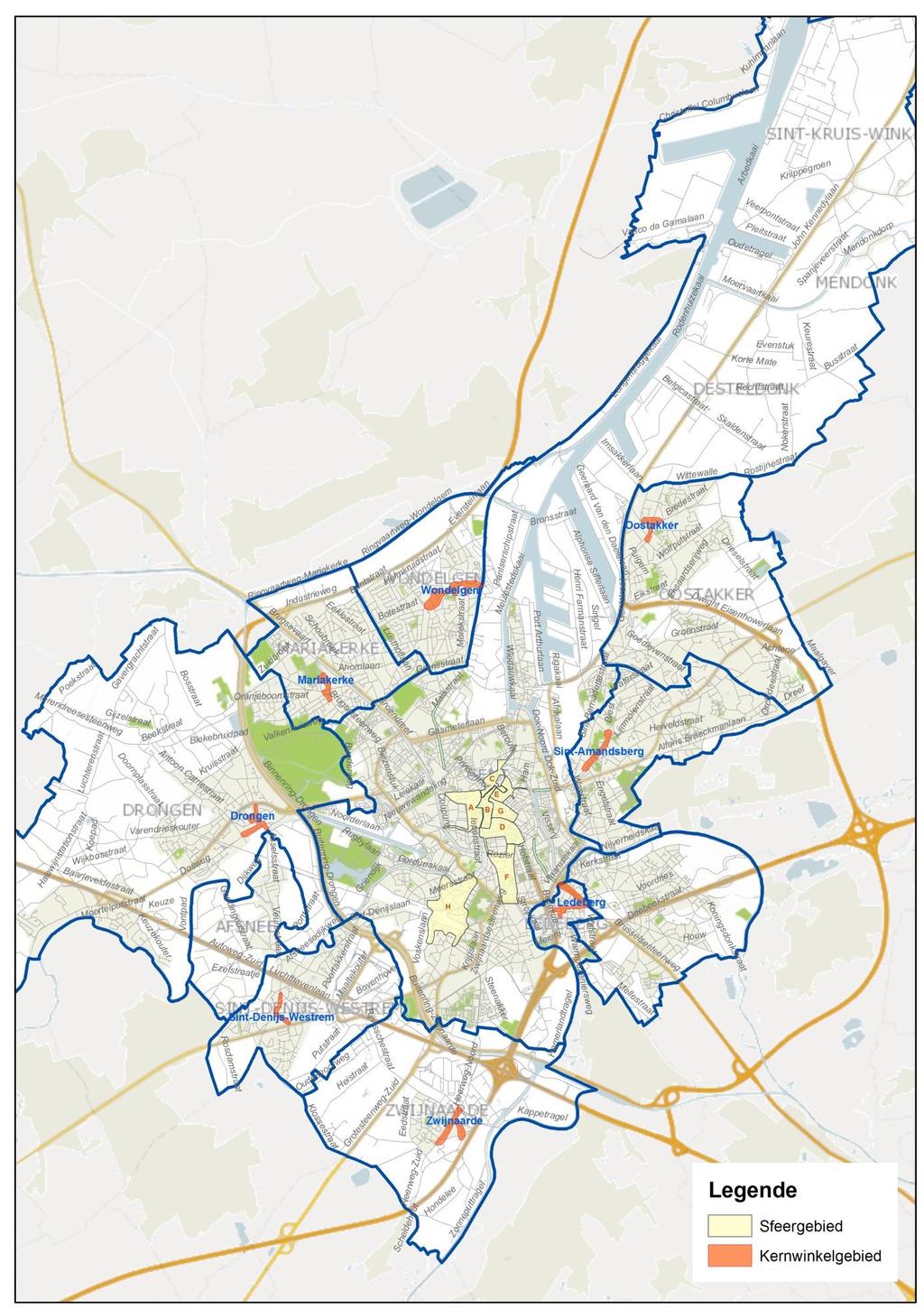 Kernwinkelgebieden 9000 Gent en deelgemeenten 41 41 In bijlage IV is een stratenlijst van de kernwinkelgebieden van de deelgemeenten te