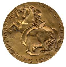 Le cheval du bonheur Het paard van geluk In 1982 door de M.d.P. na reductie van het door Tison-Michel Odette 7 geboetseerd model in brons florentin geslagen, 100 mm. diameter.