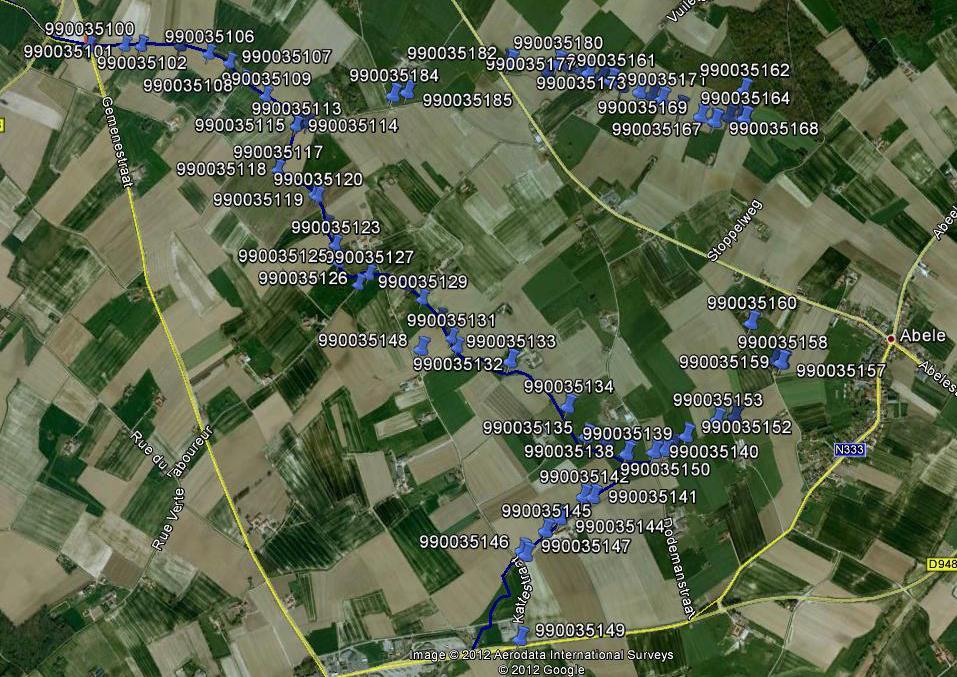 Figuur 11 Illustratie van een detailmeting voor het MAP-meetpunt 990035 in Watou (West-Vlaanderen) Tabel 2 Afhankelijk van het type MAP-meetpunt en hoelang het al zo kleurt, is de opvolging anders