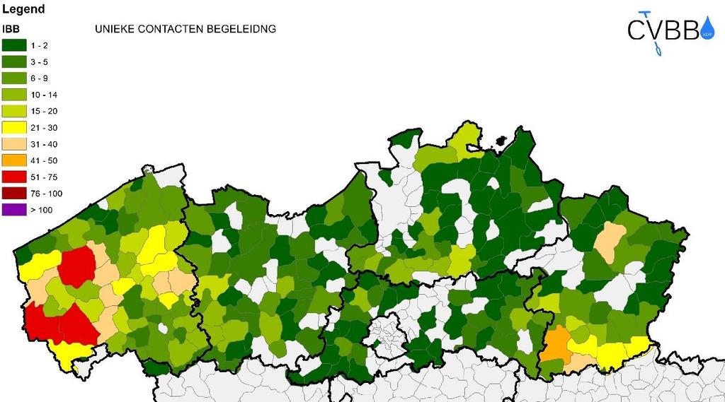 Percentage Figuur 60 Geografische spreiding van de unieke IBB-contacten in Vlaanderen (20