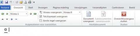 Oefening: overzichtsweergave gebruiken 1. Klik in de statusbalk op het knopje >Overzicht. De overzichtsweergave wordt geopend. 2. Vul bij het eerste opsommingsteken "Hoofdstuk 1" in. 3.