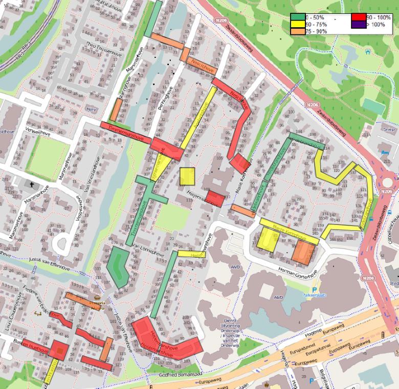 Figuur 11: Hovenbuurt, parkeerdrukmeting donderdag 2 juni 2016 10:00u-11:00u De resultaten van de parkeertellingen gedurende de dagperiode komen overeen met het beeld tijdens het schouwen.