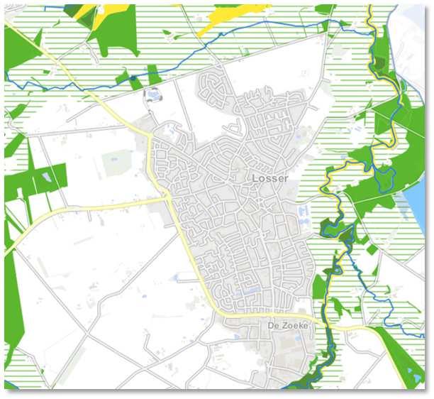 Zoals zichtbaar op onderstaande kaart, ligt het onderzoeksgebied niet in- of direct grenzen aan de EHS & Zone ONW (bron: Provincie Overijssel, 2014).