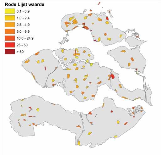 Beleidsmonitoring broedvogels EHS en beheergebieden in Zeeland 2010-2012 Figuur 3.2.7. Gecombineerd voorkomen van Rode Lijst-soorten in de in 2010-2012 onderzochte BMP-telgebieden.