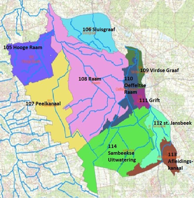 1.2. Knelpuntanalyse 1.2.1. Modelgrenzen van het district Raam. Het district Raam is door het waterschap opgedeeld in tien deelstroomgebieden. Deze deelstroomgebieden zijn weergegeven in Figuur 16.