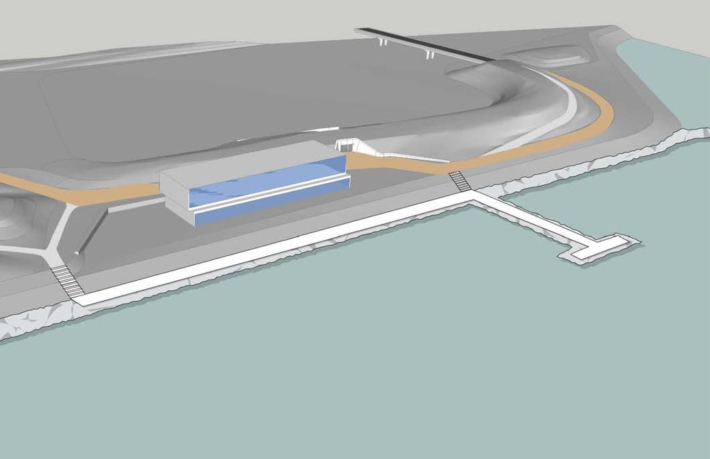 4.3 Route langs het water Via trappen en eventueel ook via een hellingbaankan vanaf het niveau van het Beleefcentrum een betonpad langs de oever worden bereikt, dat toegang geeft tot de havendam