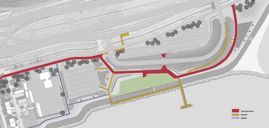 Daarmee wordt voorkomen dat het aanzicht van het terrein vanaf de rijksweg te zeer wordt gedomineerd door geparkeerde auto s. 112 In totaal kunnen ca 246 auto s en 3 bussen parkeren.