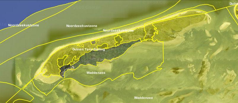 Figuur 2.7 Natura 2000-gebieden op en rond Terschelling (ministerie van Economische Zaken, Landbouw & Innovatie, 2011).
