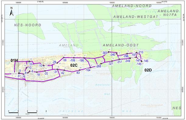 Waterpassingstrajecten op Oost Ameland met de daling van de primaire peilmerken tussen 1986