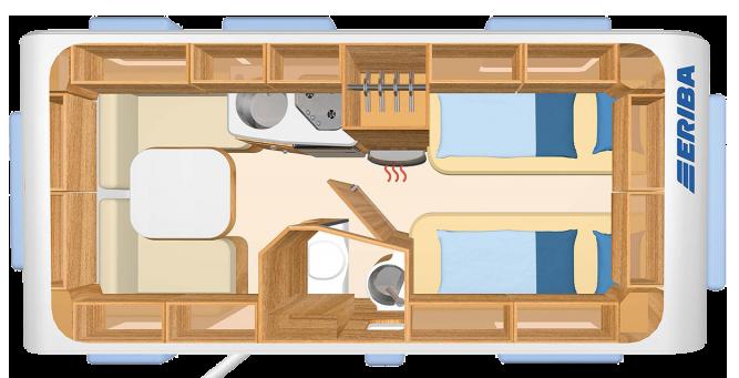1 Indeling 1.1 Slaapplaatsen Bij binnenkomst in de caravan is links de zithoek omgebouwd tot tweepersoonsbed (van 1.40 x 2.00 meter). Hierop liggen twee eenpersoonsdekbedden en twee hoofdkussens.