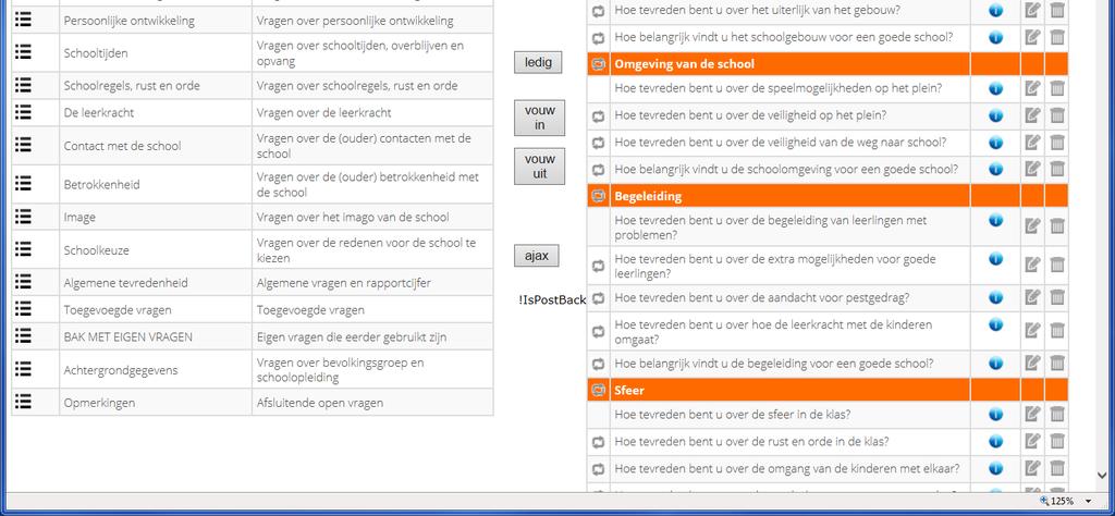 In de linker kolom staat de rubrieksindeling van de vragencatalogus (in dit geval van de ouderpeiling PO).