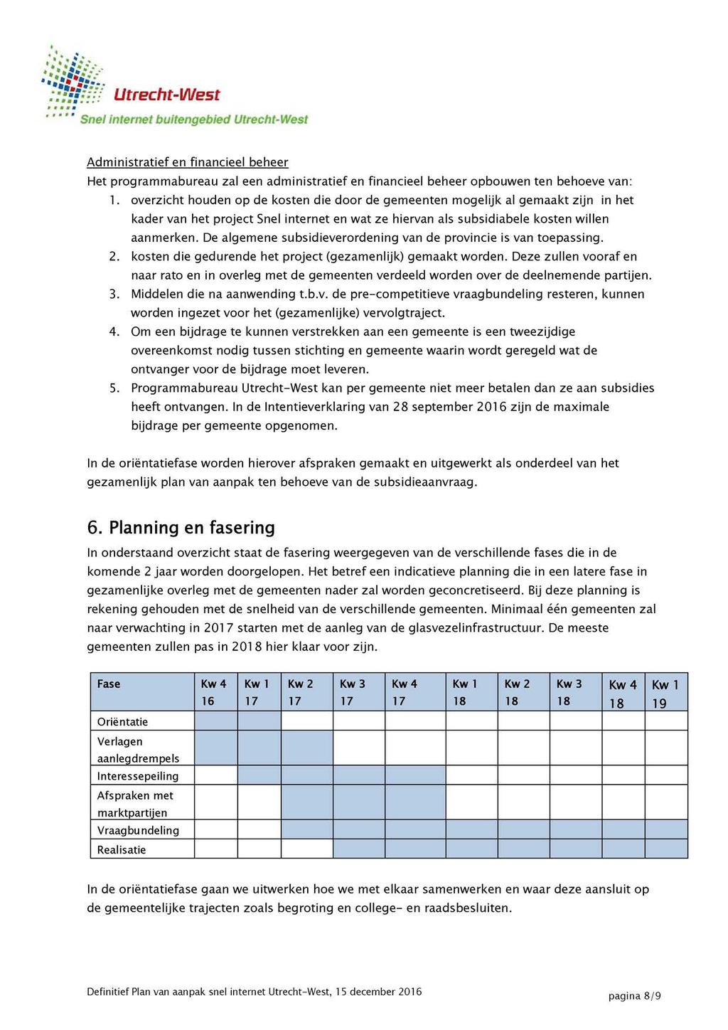 Utrecht-West internet buitengebied Utrecht Administratief en financieel beheer Het programmabureau zal een administratief en financieel beheer opbouwen ten behoeve van: 1.