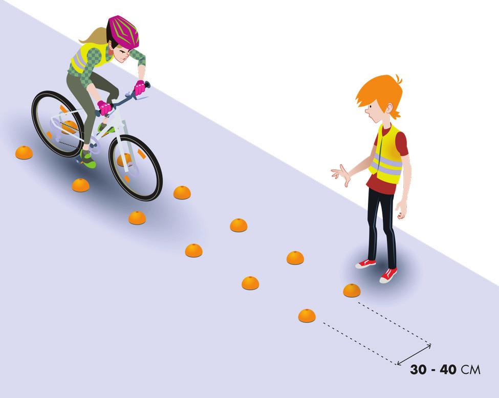 elkaar. Terwijl de begeleider rustig recht vooruit stapt, slalomt de fietser rond de begeleider zonder bruuske stuurbewegingen te maken.