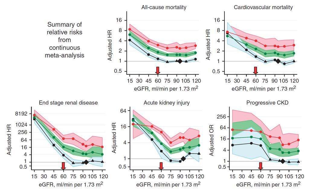 egfr en albuminurie vs risico CNS is de beste voorspeller van CV mortaliteit Cardiovascular mortality Coronary heart disease Summary of adjusted Relative Risks